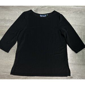 Susan Graver Style Women’s L Top Black 3/4 Sleeves Liquid Knit Round Neck B44